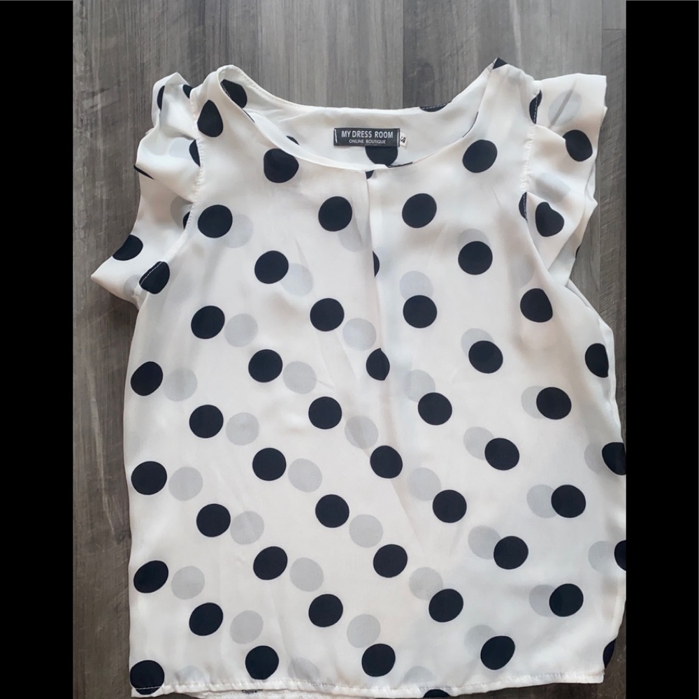 White/Black Polkadot Sleeveless Satin Blouse